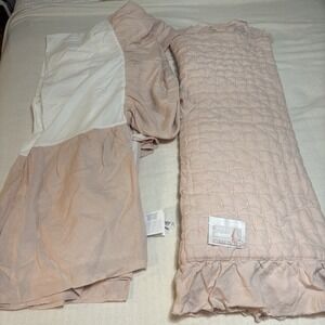 Pottery Barn Blush Pink Linen Crib Quilt & Cotton Bed Skirt 36"x 50" Shabby Chic